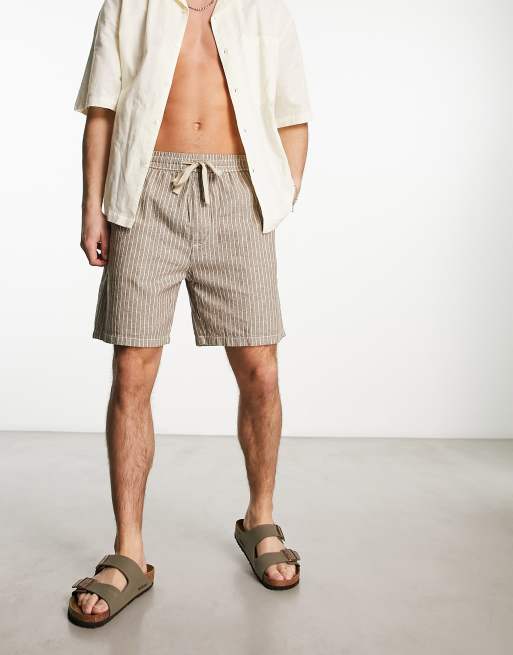 Pull&Bear - Linnen short in bruin met microstreep