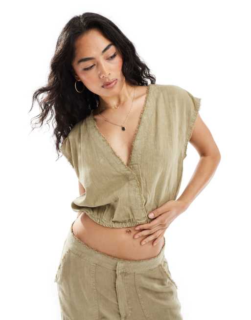 Pull&Bear – Ljus, khakifärgad, kort topp i linne med resår, del av set