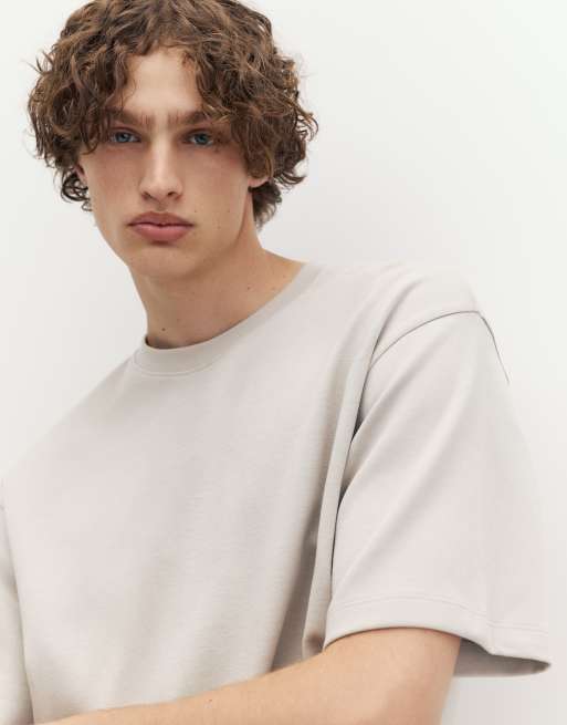 Pull&Bear – Ljusbeige t-shirt med boxig passform, 3 av 4
