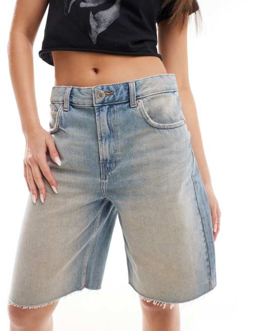 Pull&Bear – Ljusblå avslappnade jeansshorts i lång modell