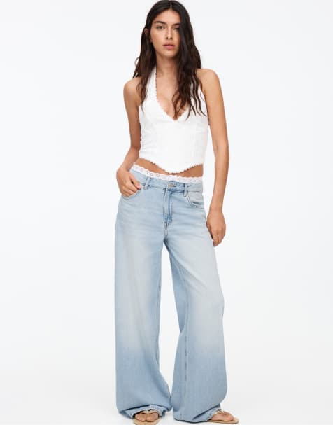 Pull&Bear – Ljusblå, baggy jeans med spetsband - view 1