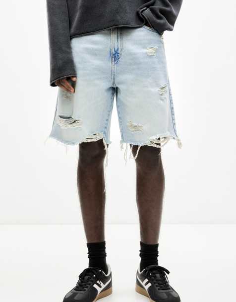 Pull&Bear – Ljusblå, blekta, raka jeansshorts i bermudastil med revor - view 1