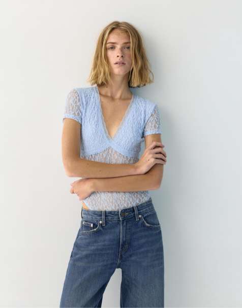 Pull&Bear – Ljusblå body i spets med korta ärmar - view 1
