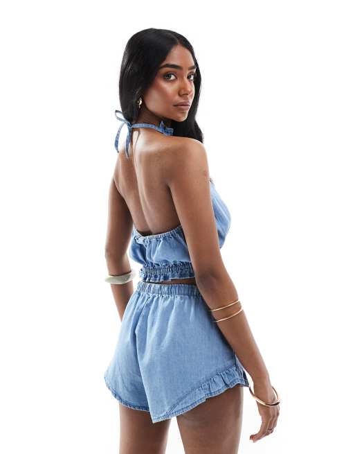 Pull&Bear – Ljusblå jeanstopp med halterneck och rysch, del av set, 4 av 4