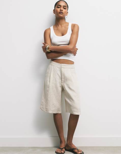 Pull&Bear – Ljusbruna bermudashorts i 100% linne - view 1