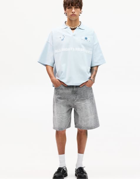 Pull&Bear – Ljusgrå bermudashorts i jacquardvävd denim - view 1