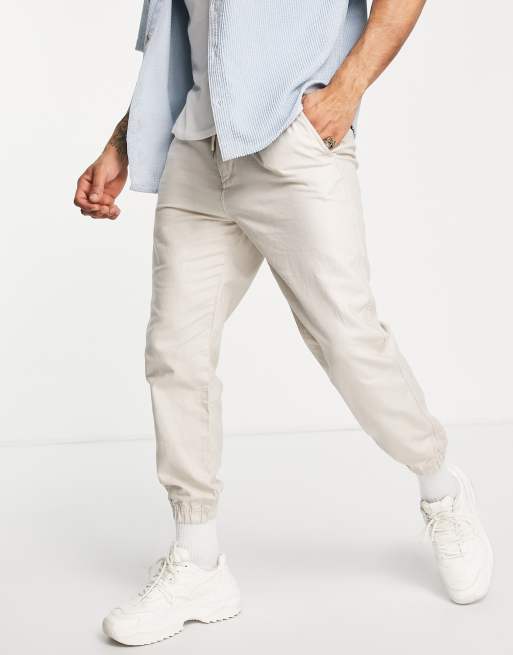 Pull&Bear – Lniane spodnie o luźnym kroju w piaskowym kolorze