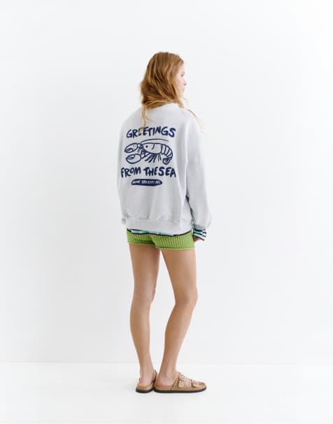 Pull&Bear Lobster graphic sweatshirt in grey marl - view 1