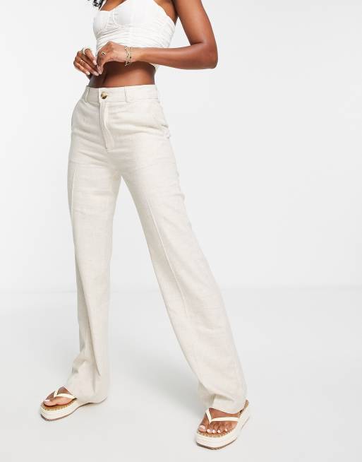 Pull&Bear – Locker geschnittene Hose in Stein mit geradem Schnitt und hohem Bund
