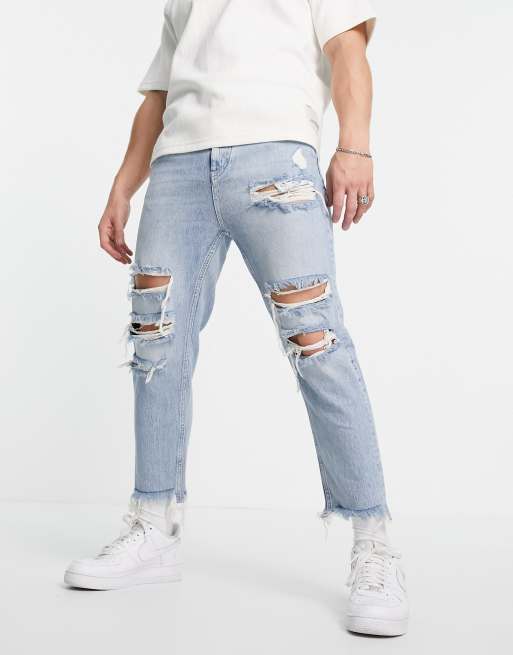 Pull&Bear – Locker geschnittene, zerrissene Jeans in Hellblau