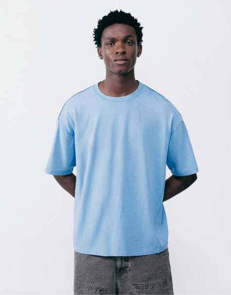 Pull&Bear – Locker geschnittenes T-Shirt in Mittelblau mit Overlock-Nähten - view 1