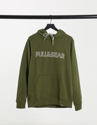 Pull & Bear logo hoodie in khaki-Green