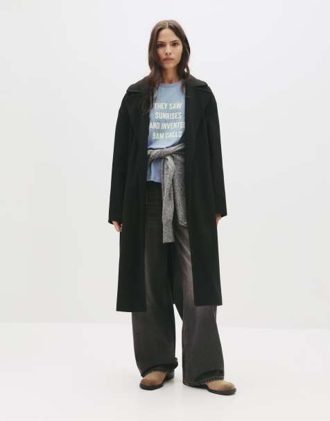 Pull&Bear Long belted coat in black - view 1