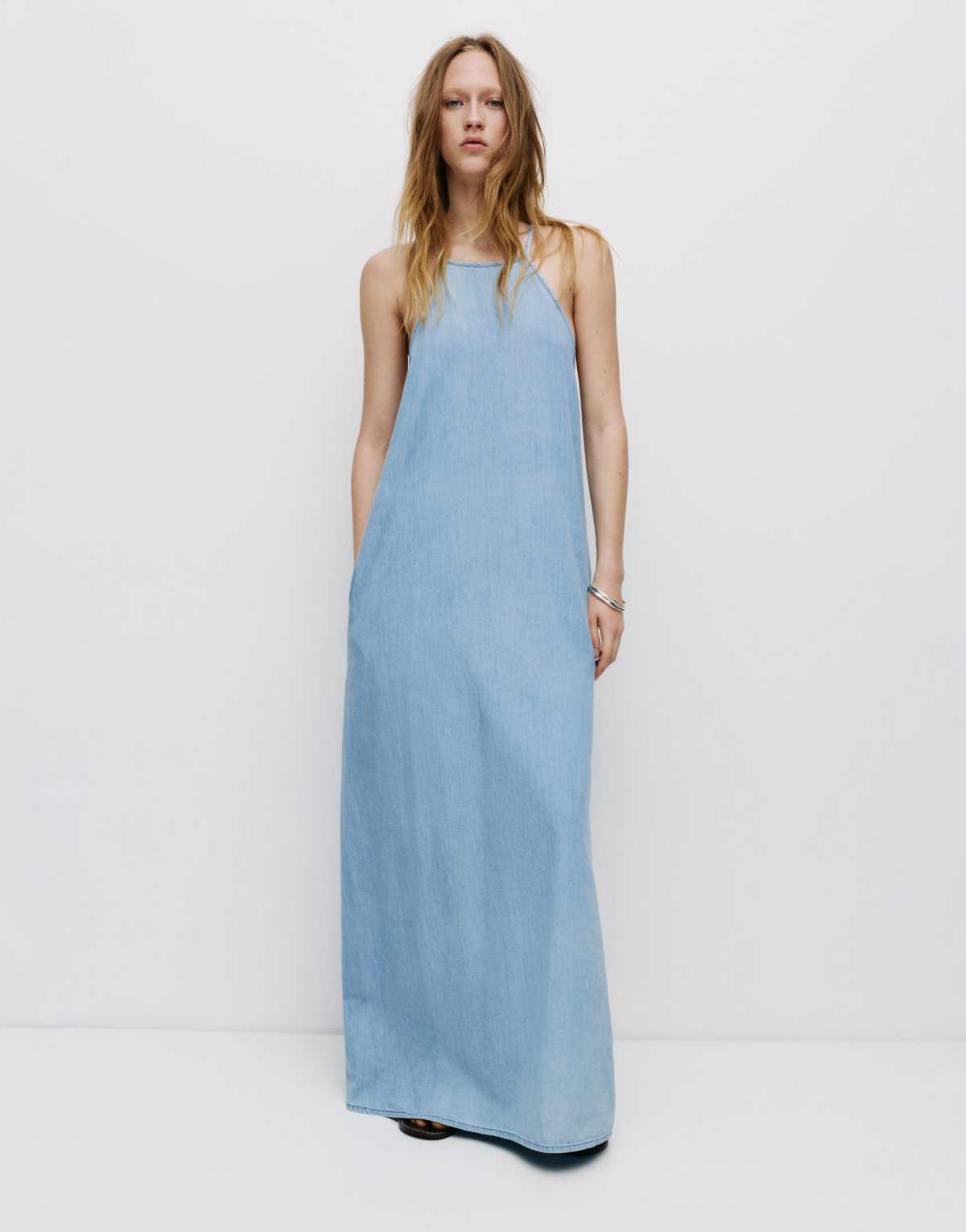 Pull&Bear Long denim dress in medium blue