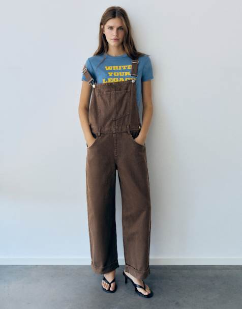 Pull&Bear Long denim dungarees in brown - view 1