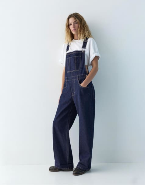 Pull&Bear Long denim dungarees in navy - view 1