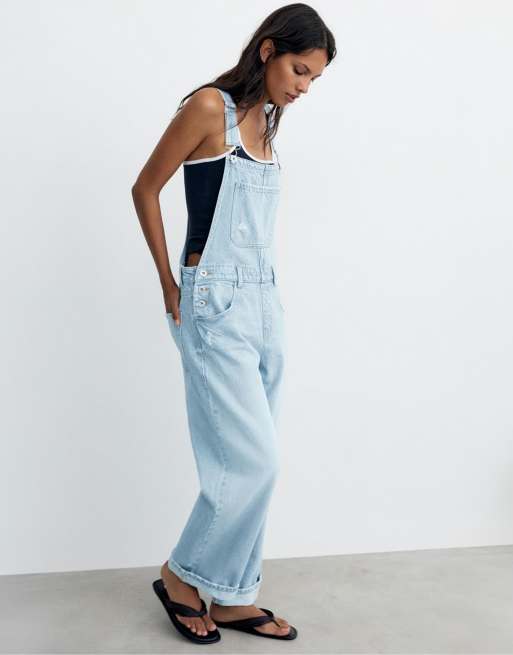 Pull&Bear Long denim dungarees in pale blue, 2 of 7