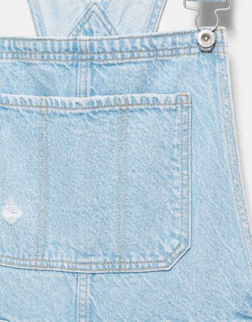 Pull&Bear Long denim dungarees in pale blue, 7 of 7