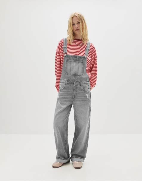 Pull&Bear Long denim overalls in grey - view 1