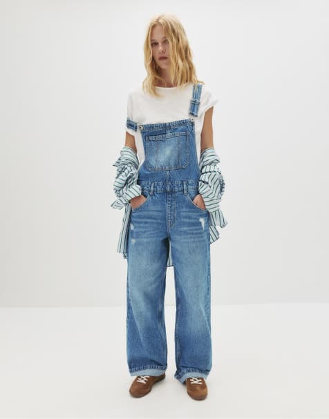 Pull&Bear Long denim overalls in medium blue - view 1