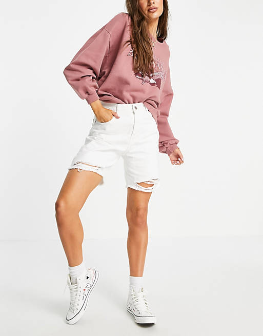 Pull&Bear long denim shorts with rip in white