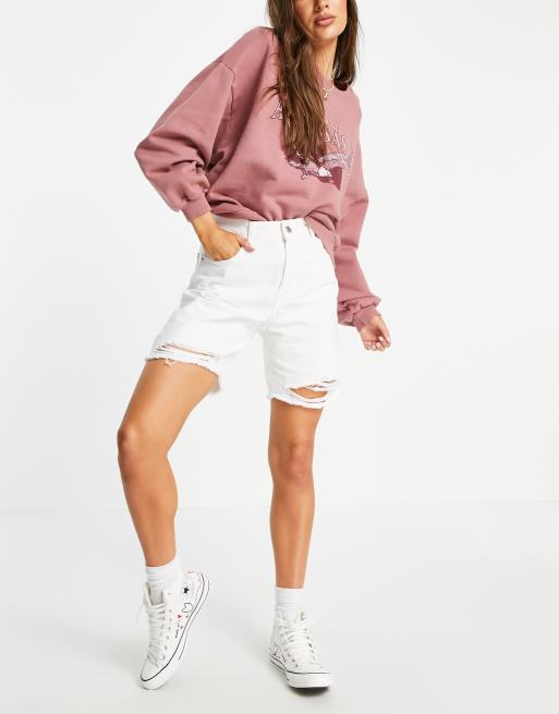 Pull&Bear long denim shorts with rips in white