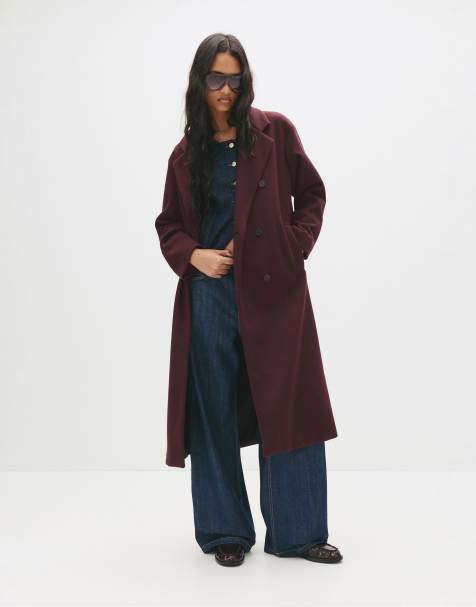 Pull&Bear Long double-breasted coat in burgundy - view 1