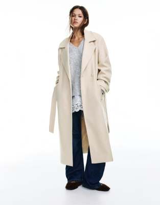 Pull & Bear Long Felt Texture Coat With Belt In Neutral