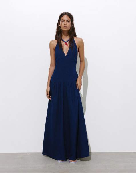 Pull&Bear Long halter denim dress in dark blue - view 1