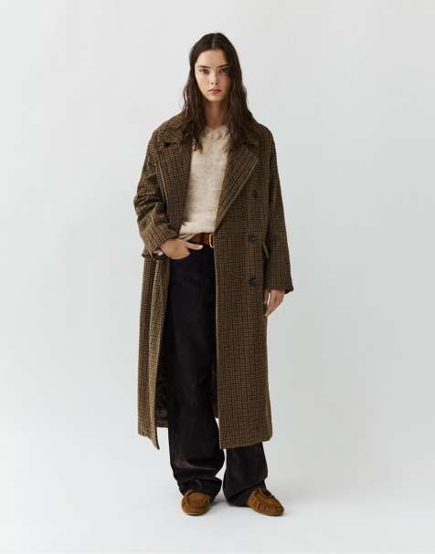 Pull&Bear Long houndstooth textured coat in brown - view 1
