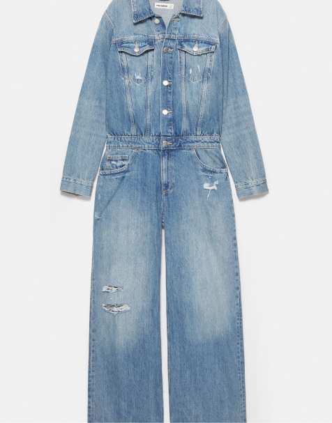 Pull&Bear Long ripped denim jumpsuit in medium blue - view 1