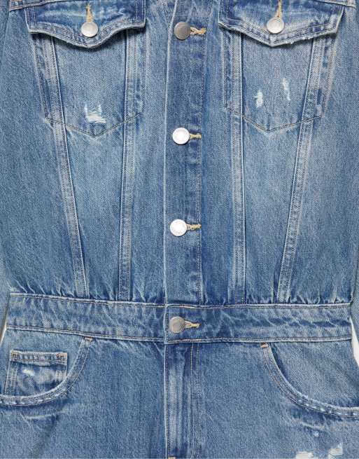 Pull&Bear Long ripped denim jumpsuit in medium blue, 2 of 3