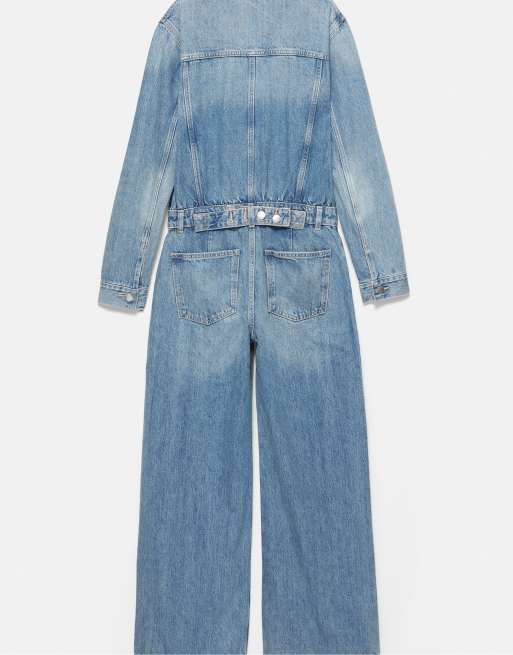Pull&Bear Long ripped denim jumpsuit in medium blue, 3 of 3