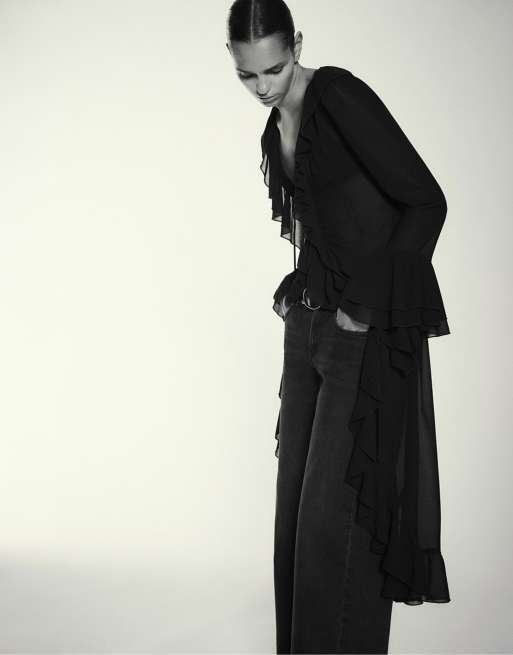 Pull&Bear Long ruffle kimono in black, 2 of 7