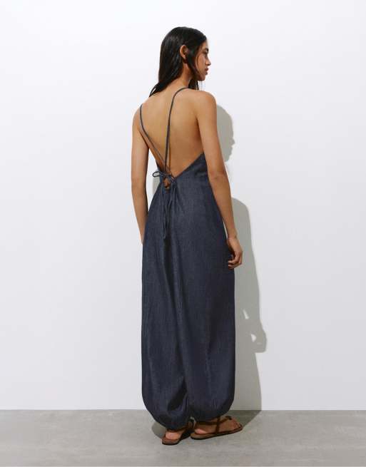 Pull&Bear Long sarouel jumpsuit with straps in navy, 2 of 4