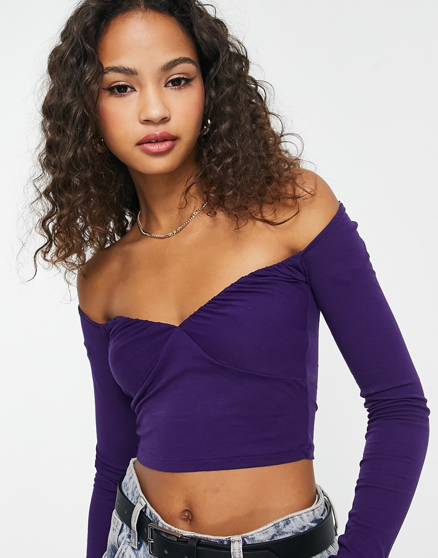 Pull & Bear long sleeve bardot cropped top in purple-Blue