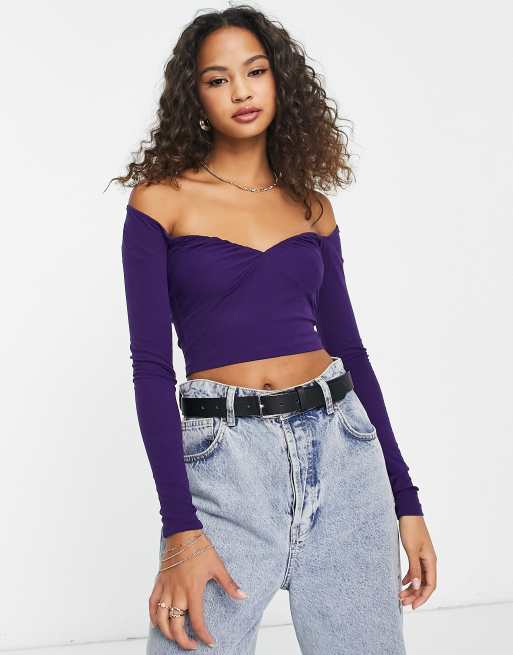 Pull Bear long sleeve bardot cropped top in purple