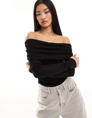 Pull&Bear long sleeve bardot top in black