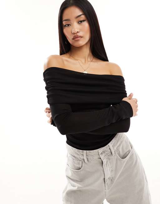 Pull&Bear long sleeve bardot top in black | ASOS