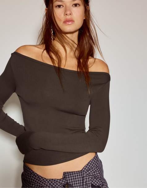 Pull&Bear Long sleeve boat neck t-shirt in brown - view 1