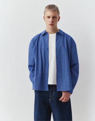 Pull & Bear Long Sleeve Check Shirt In Blue