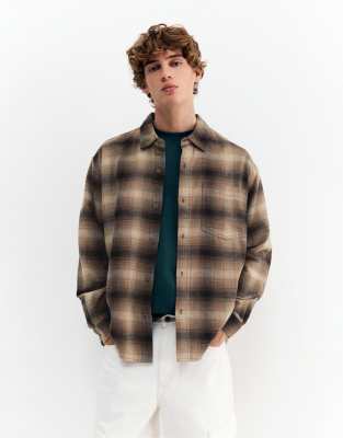 Pull & Bear Long Sleeve Check Shirt In Brown