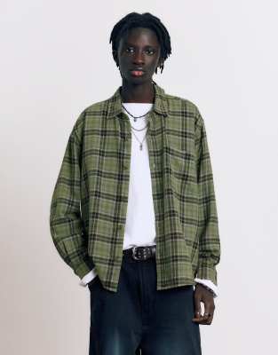 Pull & Bear Long Sleeve Check Shirt In Green