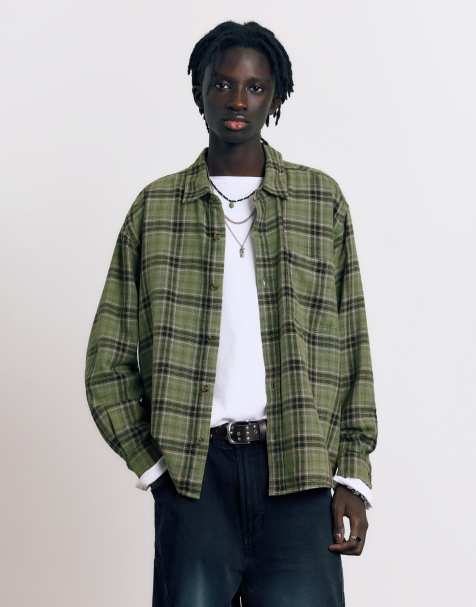 Pull&Bear Long sleeve check shirt in green - view 1