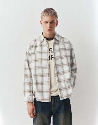 Pull & Bear Long Sleeve Check Shirt In White