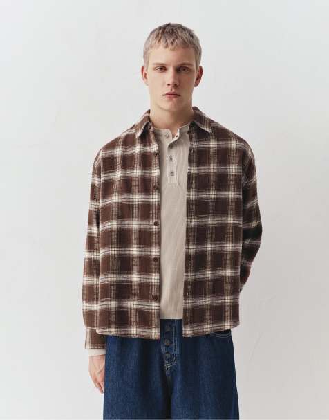 Pull&Bear Long sleeve check t-shirt in brown - view 1