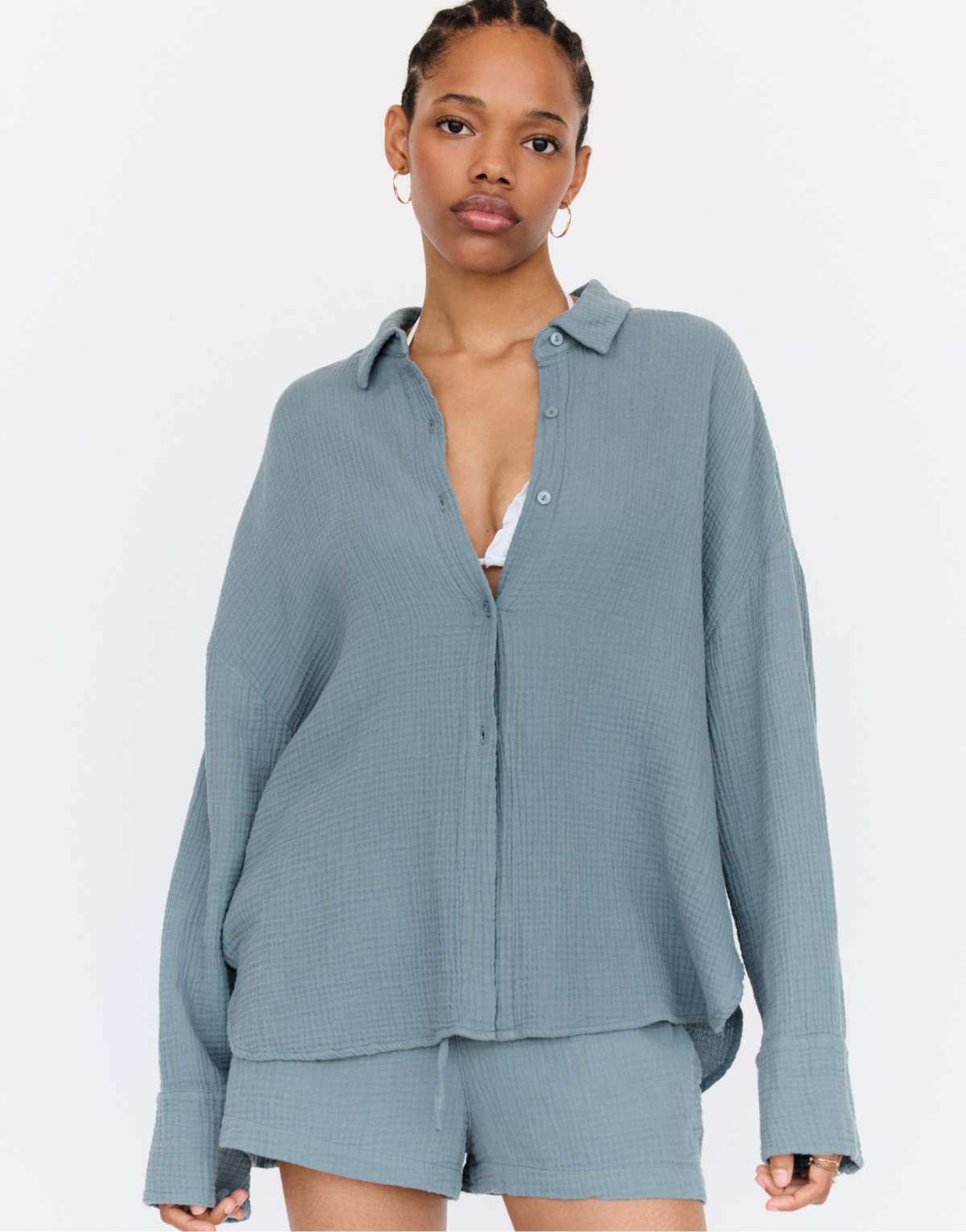 Pull&Bear long sleeve chiffon shirt in blue