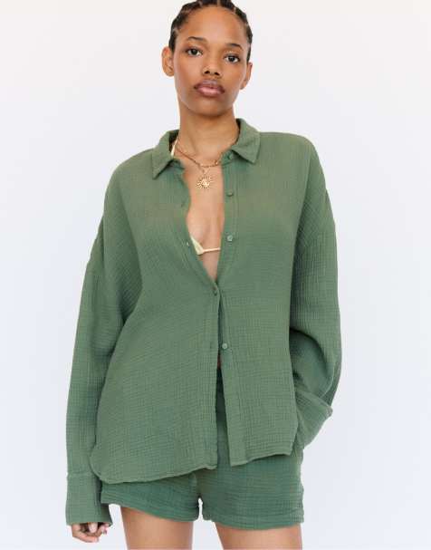 Pull&Bear long sleeve chiffon shirt in green - view 1