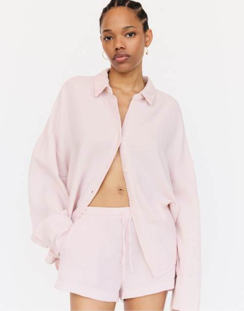 Pull&Bear long sleeve chiffon shirt in pink - view 1