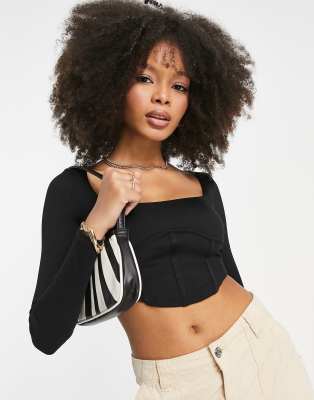 Pull & Bear Long Sleeve Corset Detail Cropped Top In Black